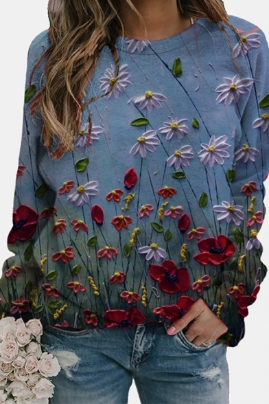 Leisure Womens Sweatshirt Floral Printed Long Sleeve Crew Neck Loose Sweatshirt