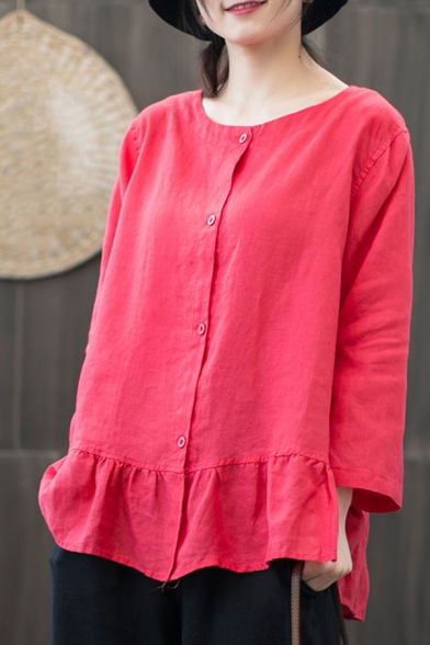 Simple Womens Shirt Solid Color Long Sleeve Crew Neck Button Up Ruffled Relaxed Shirt Top