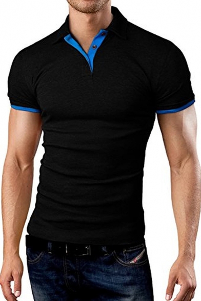 Trendy Men's Polo Shirt Contrast Trim Button Detail Turn-down Collar Short Sleeves Regular Fitted Polo Shirt