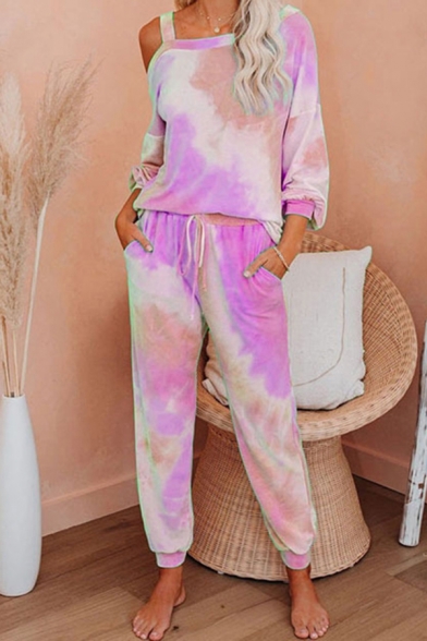 Unique Women's Set Tie Dye Pattern Hollow out Long Sleeves Regular Fitted Tee Top with Drawstring Waist Banded Cuffs Pants Co-ords