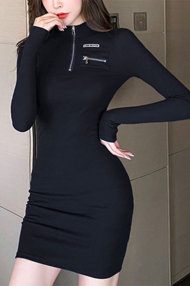 Women's Sexy High Neck Long Sleeve Zip Letter Black Mini Bodycon Dress