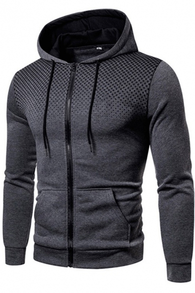 Basic Men's Hoodie Dot Print Zip Placket Front Pocket Long Sleeve Drawstring Hooded Sweatshirt