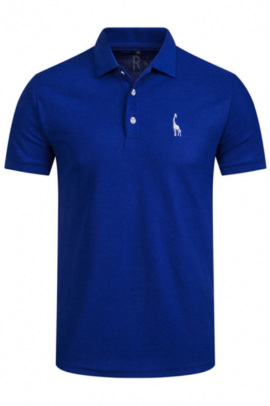 Basic Men's Polo Shirt Giraffe Embroidered Button Detail Spread Collar Short Sleeves Regular Fitted Polo Shirt