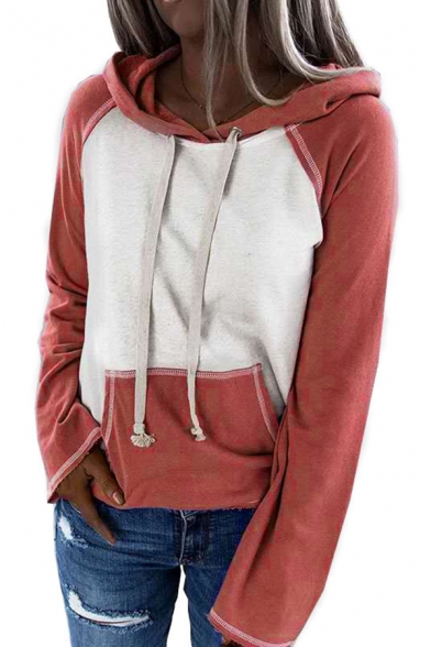 Casual Girls Hoodie Contrasted Patched Long Sleeve Drawstring Kangaroo Pocket Relaxed Hoodie