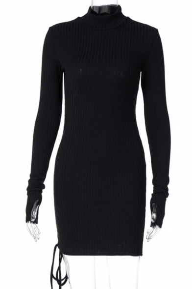 Chic Girls Dress Ribbed Long Sleeve Mock Neck Drawstring Sides Solid Short Fitted Dress