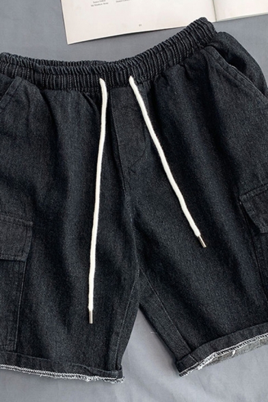 Cool Boys Shorts Drawstring Waist Flap Pockets Straight Solid Denim Shorts
