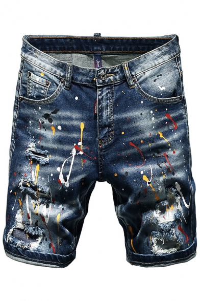 Cool Mens Denim Shorts Splash Ink Pattern Chain Medium Wash Distressed Patch Button Pocket Raw Edge over the Knee Length Mid Rise Straight Fit Denim Shorts