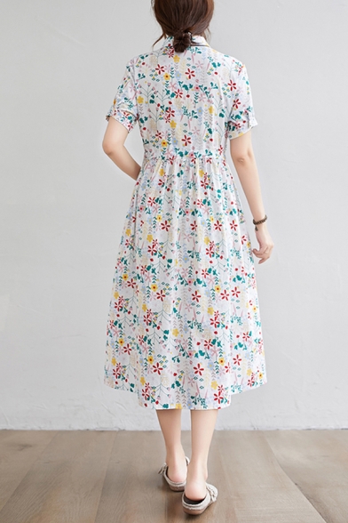 Elegant Women's Shirt Dress All over Floral Pattern Button Design Point Collar Short-sleeved Drawstring Waist Midi Shirt Dress