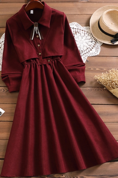 Fancy Ladies Dress Solid Color Long Sleeve Point Collar Button Up Mid A-line Pleated Dress
