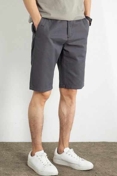 Fancy Men's Shorts Solid Color Pocket Design Zip Fly Knee Length Shorts