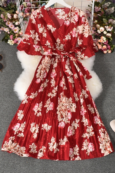 Fancy Women's A-Line Dress Floral Pattern Wrap Front Pleated Detail Tie Waist Half Flare Cuff Sleeve Midi A-Line Dress