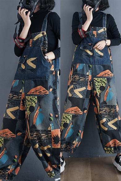 Fancy Women's Denim Overalls Graphic Pattern Kangaroo Pocket Strap Button Sleeveless Banded Cuffs Ankle Length Overalls Pants