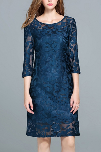 Glamorous Chic Lace Patchwork 3/4 Length Sleeve Zip-Back Midi Party Dress