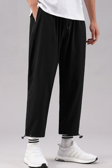 Leisure Men's Pants Solid Color Drawstring Hem Elastic Waist Ankle Length Tapered Pants