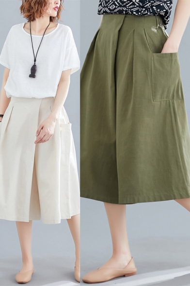 Leisure Women's Pants Solid Color High Rise Pocket Design Pleated Front Cropped Wide Leg Pants