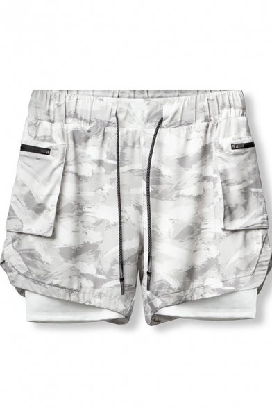 Mens Popular Shorts Camo Printed Drawstring Waist False Two Piece Fit Shorts