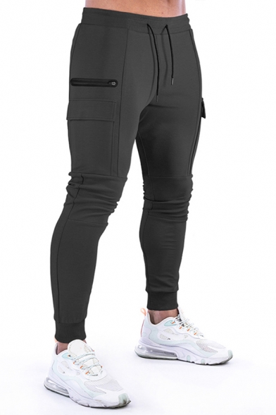 Mens Training Pants Zipper Pockets Ankle Skinny Solid Color Pants