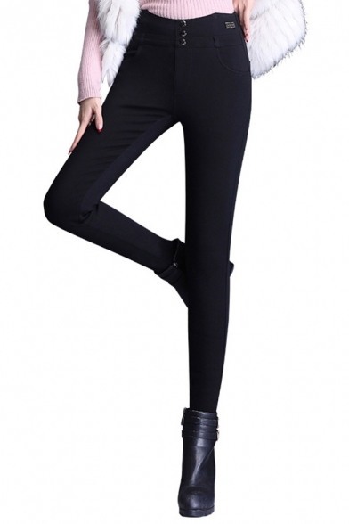 Simple Womens Pants High Rise Sherpa Liner Ankle Length Fitted Pants in Black