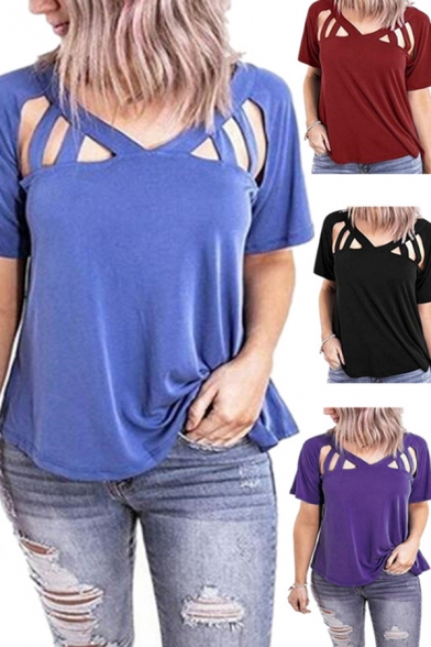 Stylish Women's Tee Top Solid Color Hollow out V Neck Short Sleeves Regular Fitted T-Shirt