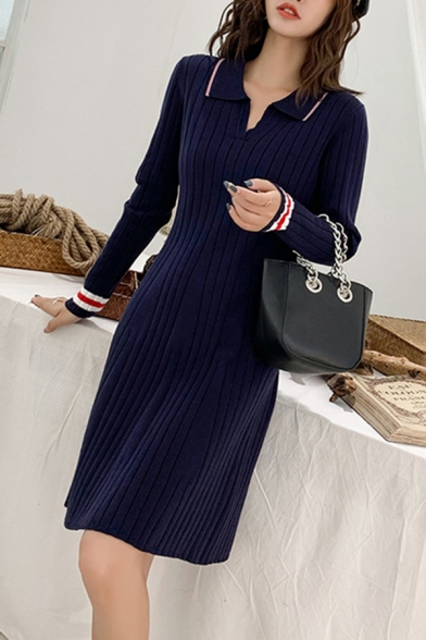 Stylish Womens Dress Stripe Print Ribbed Long Sleeve V-neck Mid A-line Dress in Royal Blue