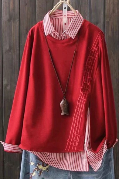 Womens Fashion Sweatshirt False Two Piece Stripe Print Embroidered Long Sleeve Asymmetric Sweatshirt