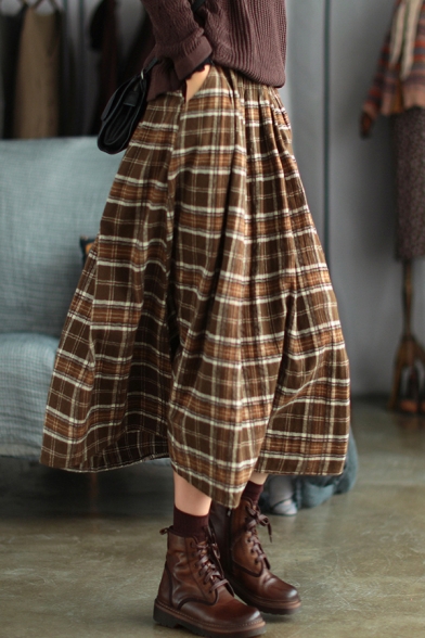 Womens Popular Skirt Plaid Print Elastic Waist Mid A-line Skirt