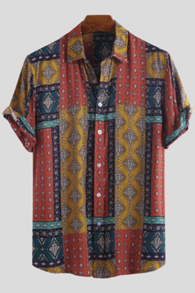 Yellow Vintage Geo-Tribal Pattern Short Sleeve Button Placket Loose Fit Thin Camp Shirt (Pictures for Reference)