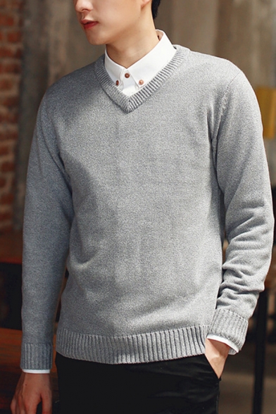 Basic Men's Sweater Solid Color Ribbed Trim V Neck Long-sleeved Fitted Pullover Sweater