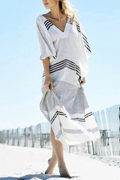 Basic Women's Blouse Dress Contrast Stripe Pattern Plunging Neck Split Hem Batwing Sleeve Loose Fitted Maxi Dress