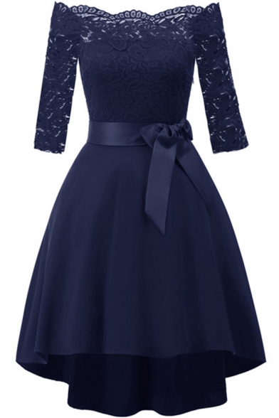 Boutique Womens Dress Lace Panel Half Sleeve Off Shoulder Bow-tied Waist Solid Midi Flared Dress