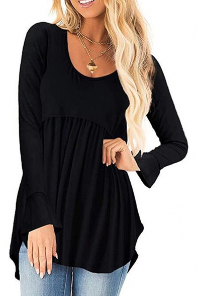 Casual Women's Tee Top Solid Color Pleated Round Neck Long Flare Cuff Sleeves High-Low Split Hem Regular Fitted T-Shirt