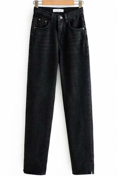 Creative Women's Jeans Pocket Design High Rise Split Hem Long Tapered Denim Jeans with Washing Effect
