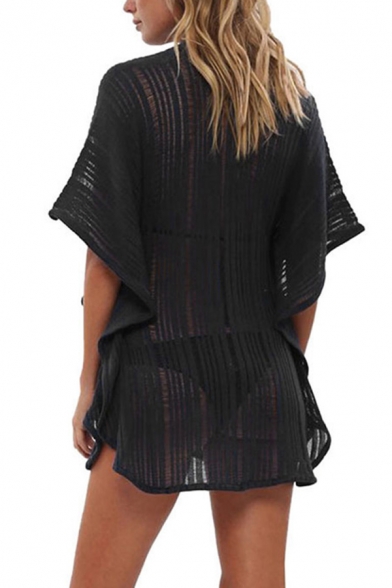 Fancy Women's T-Shirt Dress Stripe Print Mesh Transparent Design Ruffle Hem Batwing Sleeve Split Hem Short T-Shirt Dress