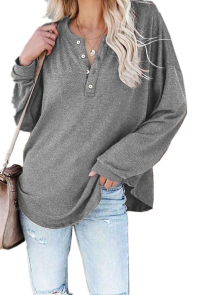 Fancy Women's Tee Top Solid Color Button Detail Long Sleeves Relaxed Fit T-Shirt