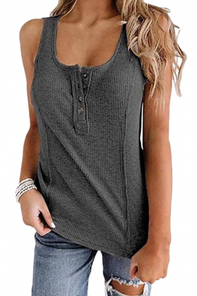 Leisure Women's Tank Top Solid Color Button Detail Ribbed Knit Strap Scoop Neck Sleeveless Regular Fitted Tank Top