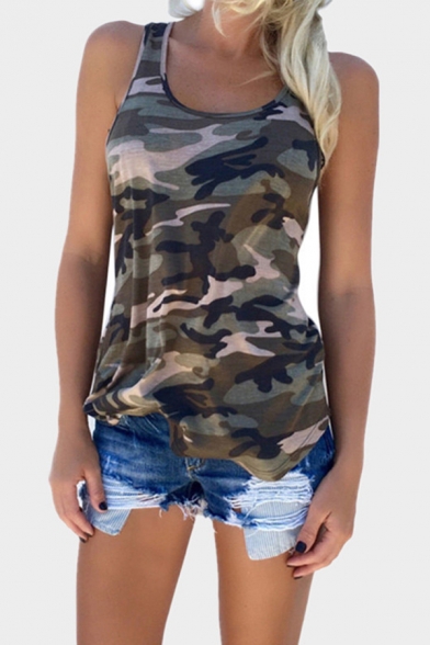 Popular Girls Tank Camo Printed Scoop Neck Relaxed Fit Tank Top
