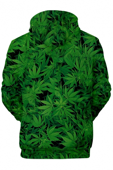 Stylish 3D Green Weed Pattern Long Sleeve Kangaroo Pocket Pullover Drawstring Hoodie