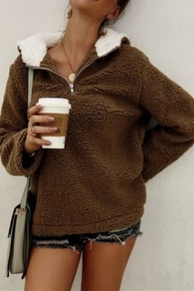 Thick Warm Hoodie Contrast Color 1/4 Zip Collar Long Sleeves Fur Fleece Regular Fitted Hooded Sweatshirt