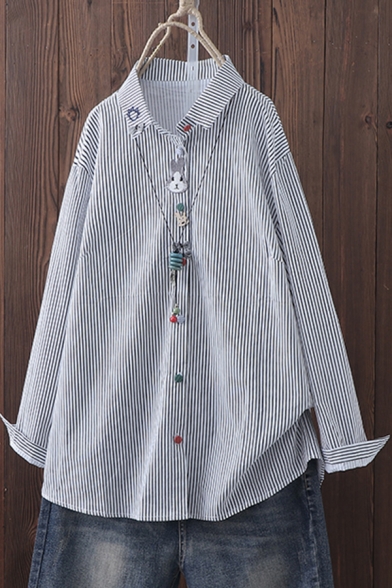 Trendy Girls Shirt Cartoon Rabbit Embroidery Long Sleeve Spread Collar Button Up Relaxed Shirt Top