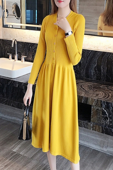 Trendy Ladies Dress Knit Long Sleeve V-neck Button Up Solid Color Mid A-line Dress