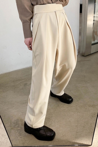 Trendy Men's Pants Plain Pocket Detail Pleated High Rise Long Tapered Pants