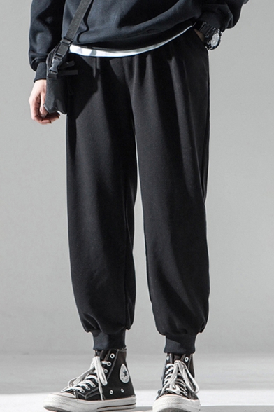 Trendy Men's Pants Solid Color Banded Cuffs Fleece Lined Side Pocket Elastic Waist Ankle Length Pants