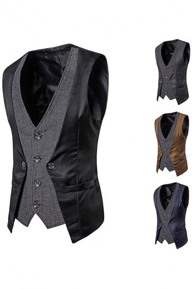 Trendy Men's Suit Vest Satin Patchwork Contrast Panel Button Fly Asymmetric Hem Sleeveless Fitted Suit Vest