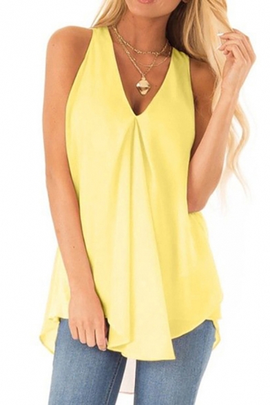 Trendy Women's Tank Top Solid Color V Neck Sleeveless Relaxed Fit Tank Top