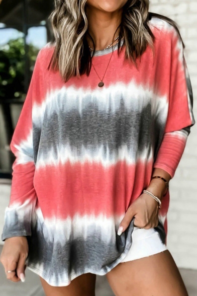 Trendy Women's Tee Top Stripe Tie Dye Pattern Crew Neck Long Sleeves Regular Fitted T-Shirt