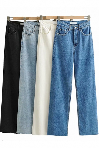 Unique Women's Jeans Solid Color Zip Fly Side Pocket Mid Waist Long Straight Denim Jeans with Washing Effect