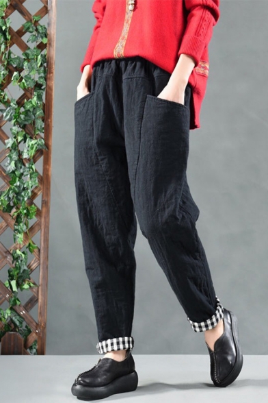 Warm Pants Quilted Elastic Waist Ankle Length Carrot Fit Pants for Women