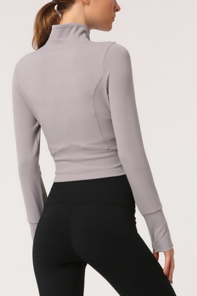 Active Girls T Shirt Plain Long Sleeve Stand Collar Zip Up Fitted Crop Tee Top