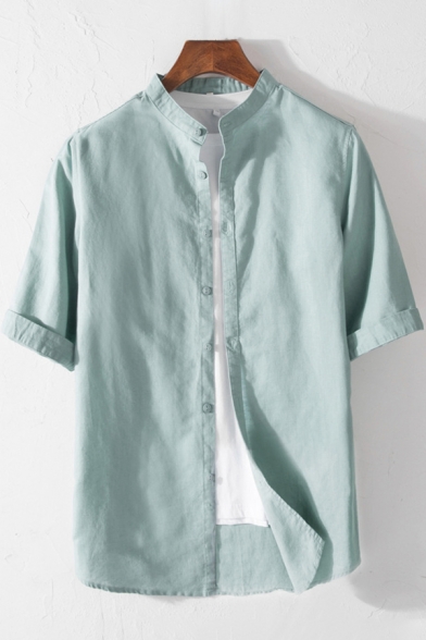 Basic Guys Shirt Linen and Cotton Plain Roll Up Sleeve Collarless Button-up Relaxed Shirt Top