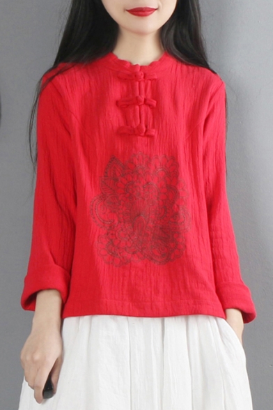 Chinese Style T Shirt Floral Embroidered Linen and Cotton Long Sleeve Crew Neck Frog Button Relaxed Tee Top